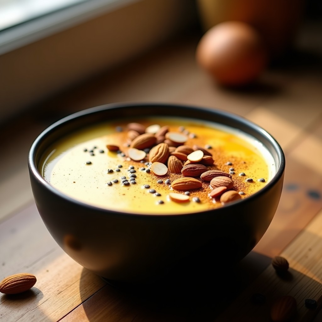 Bowl cremoso de café con especias doradas, decorado con semillas de chía y almendras fileteadas, servido en un recipiente negro sobre fondo rústico de madera.