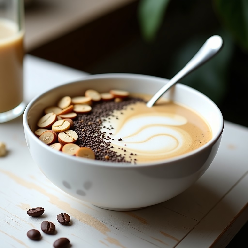Bowl hondo blanco con café latte proteico vegano espumoso, decorado con semillas de chía y almendras fileteadas sobre fondo de madera clara.