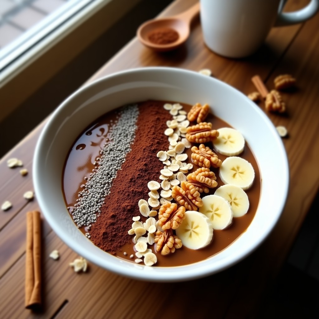Bowl energético de café, maca y cacao servido en un cuenco blanco con textura cremosa, decorado con avena, semillas de chía y nueces picadas sobre fondo rústico de madera.