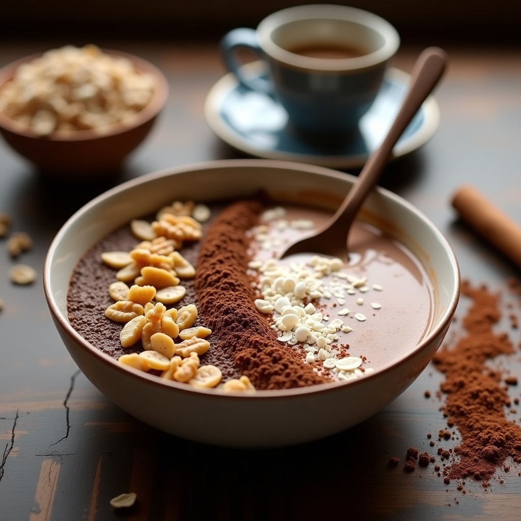 Bowl de desayuno energizante con café, maca y cacao, decorado con mantequilla de cacahuete, nueces y coco rallado, sobre fondo rústico de madera.