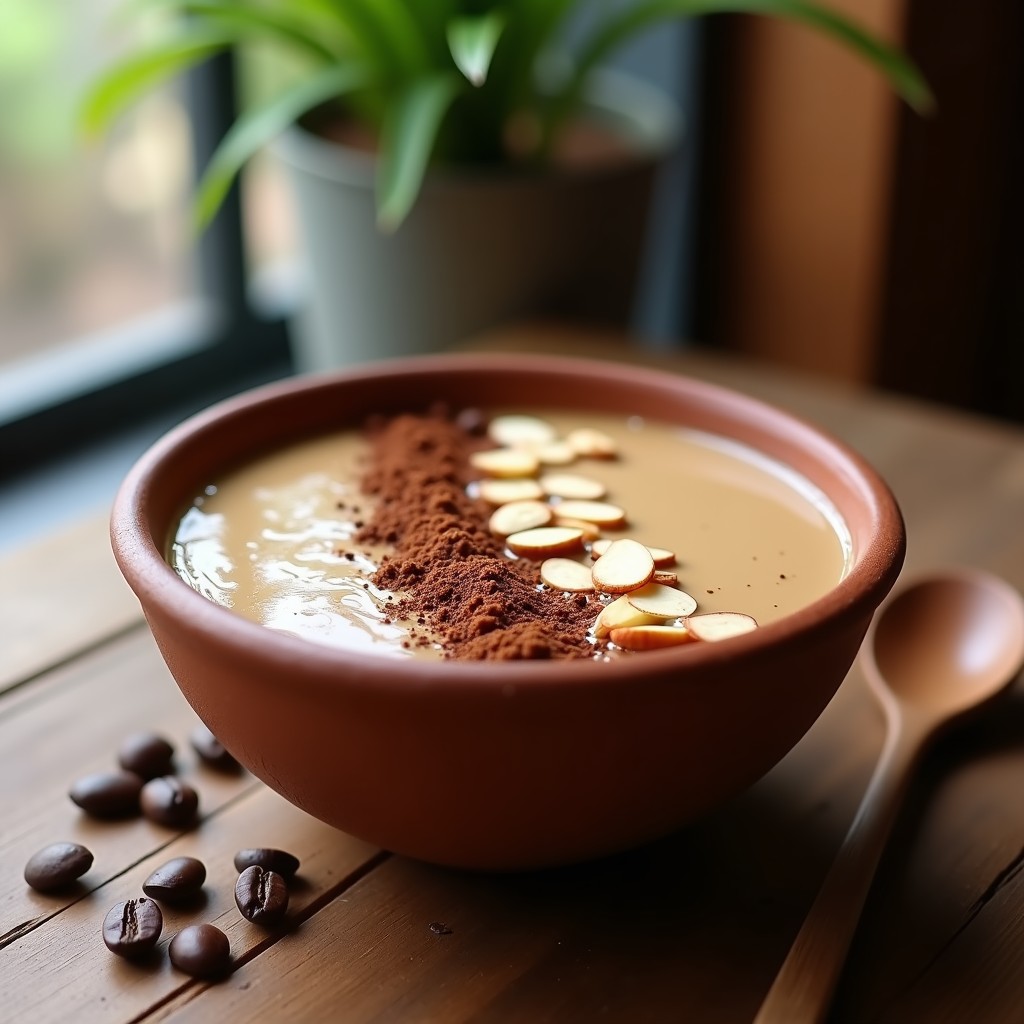 Bowl energizante de café y maca servido en recipiente de barro, con textura cremosa, espolvoreado con cacao, canela y almendras fileteadas, sobre fondo rústico de madera.