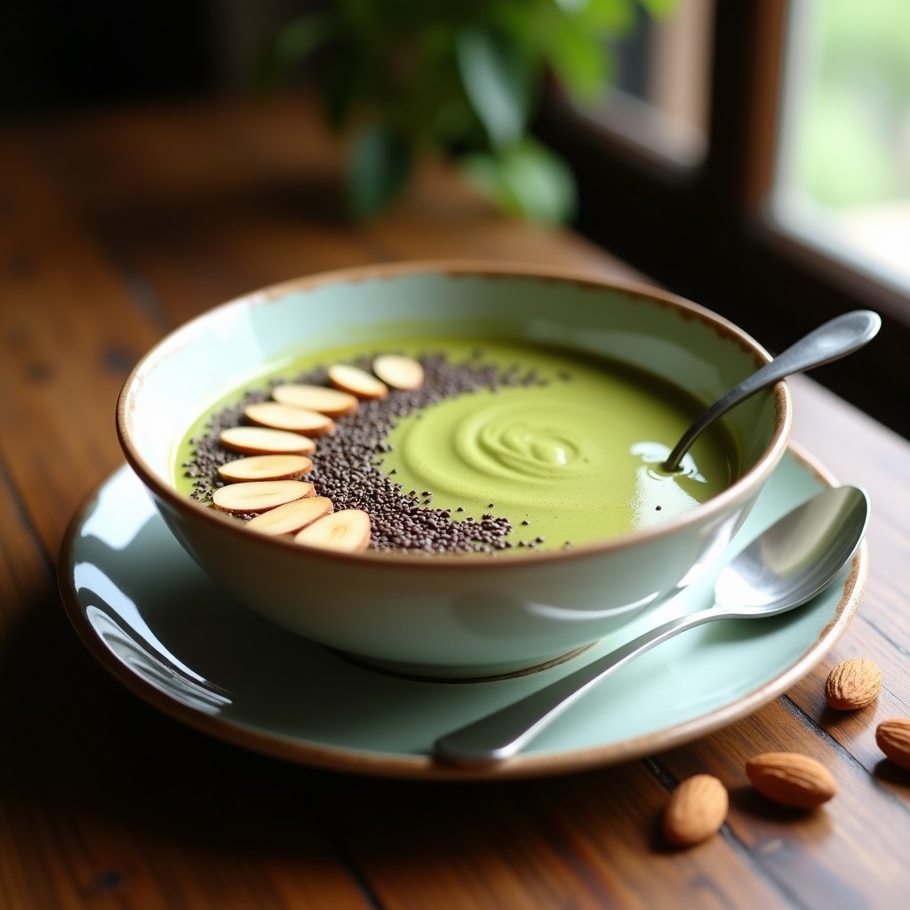 Bowl cremoso de color verde claro y marrón, decorado con almendras fileteadas y semillas de chía. Receta de bowl de café y matcha energético sin azúcar servido en un bol blanco sobre fondo rústico.