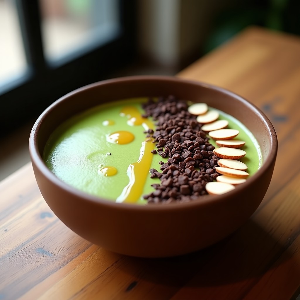Bowl de desayuno energético con base cremosa de plátano y yogur, espirales de café y matcha, toppings de almendras, chía y cacao nibs, servido en un bol de cerámica blanca sobre fondo rústico.