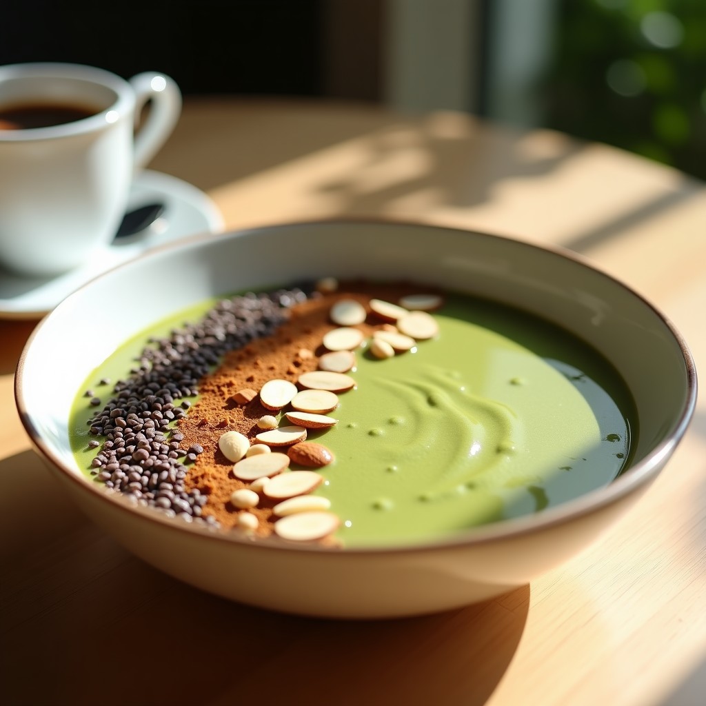 Bowl de café y matcha proteico en recipiente blanco, decorado con semillas de chía, almendras fileteadas, cacao nibs y canela, sobre fondo de madera clara con taza de café al lado.