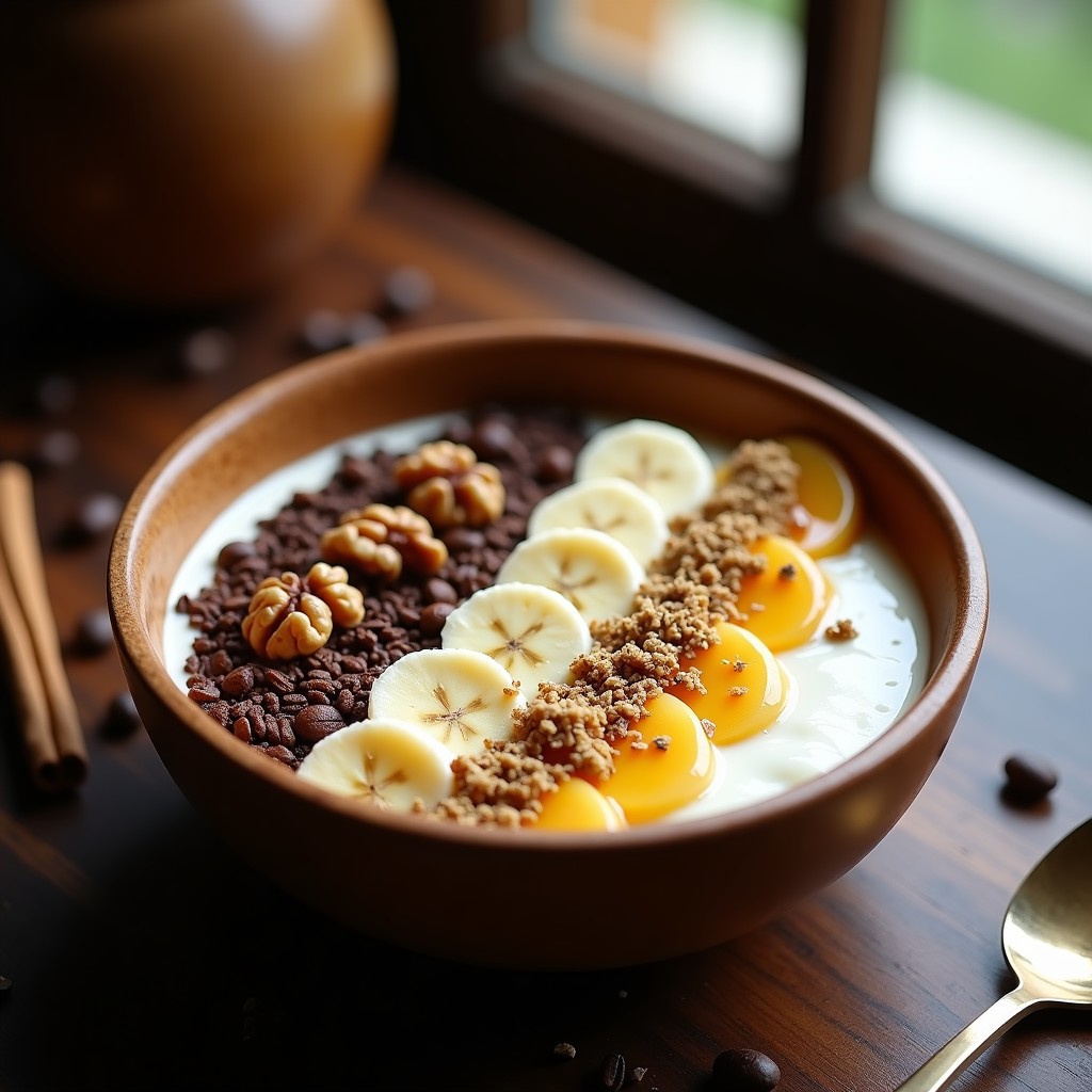 Bowl de desayuno energizante con yogur cremoso, café frío, plátano en rodajas, semillas de cáñamo, nueces, cacao nibs y miel, decorado con canela en polvo sobre fondo rústico de madera.
