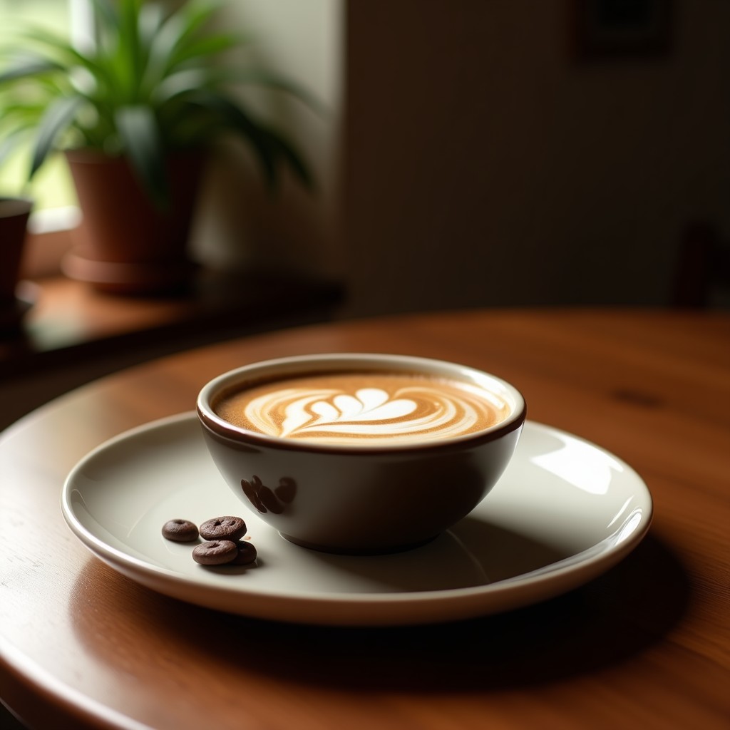 Bowl de café moka proteico en un recipiente de cerámica blanca, decorado con almendras fileteadas, semillas de chía y un espolvoreado de cacao y café moka, sobre un fondo rústico de madera.
