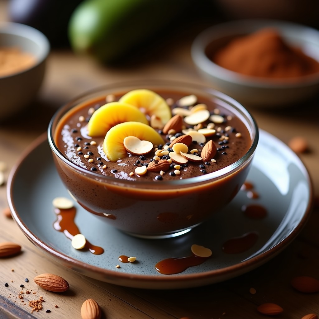 Bowl de vidrio transparente con pudding de chía oscuro, decorado con rodajas de plátano macho, almendras tostadas y semillas de sésamo negro. Sirope de dátiles goteando por los bordes. Fondo de madera rústica con granos de café mole esparcidos.