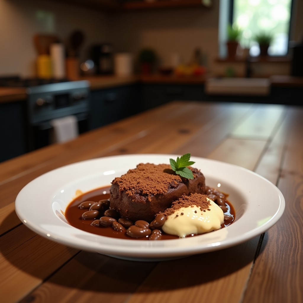 Bowl de café mole y chocolate vegano en recipiente de cerámica negro, decorado con almendras fileteadas, semillas de chía y un toque de canela en polvo, sobre fondo rústico de madera.