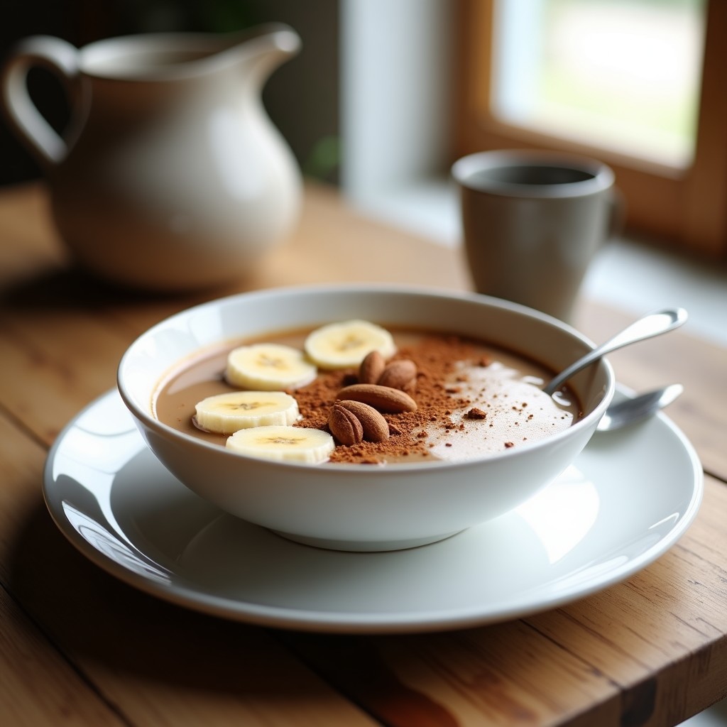 Bowl de café probiótico con kéfir y cacao, servido en un tazón blanco con rodajas de plátano, almendras fileteadas y un espolvoreado de cacao y canela, sobre una mesa de madera rústica.