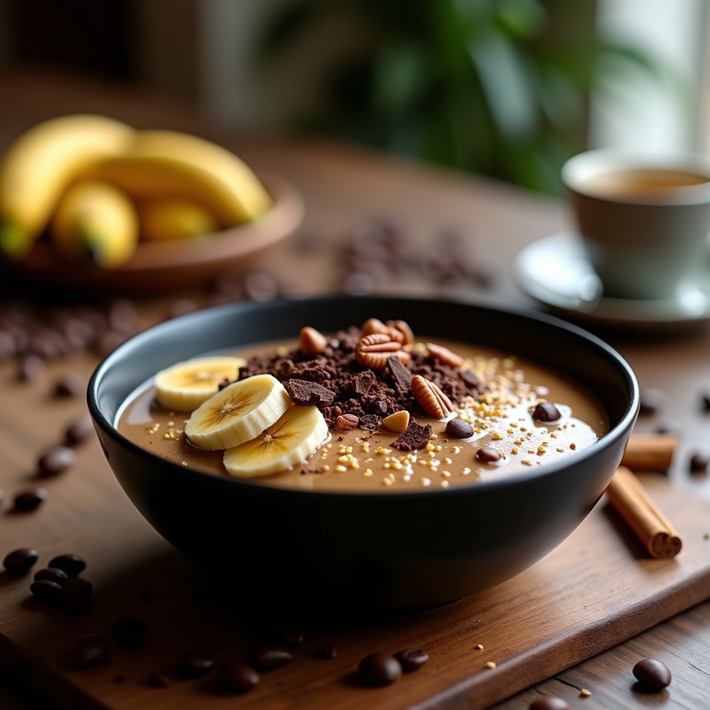 Bowl negro de cerámica con crema espesa de café y plátano, cubierto de granos de teff tostado, ralladura de chocolate negro y trozos de nueces pecanas. Receta energética sin azúcar.