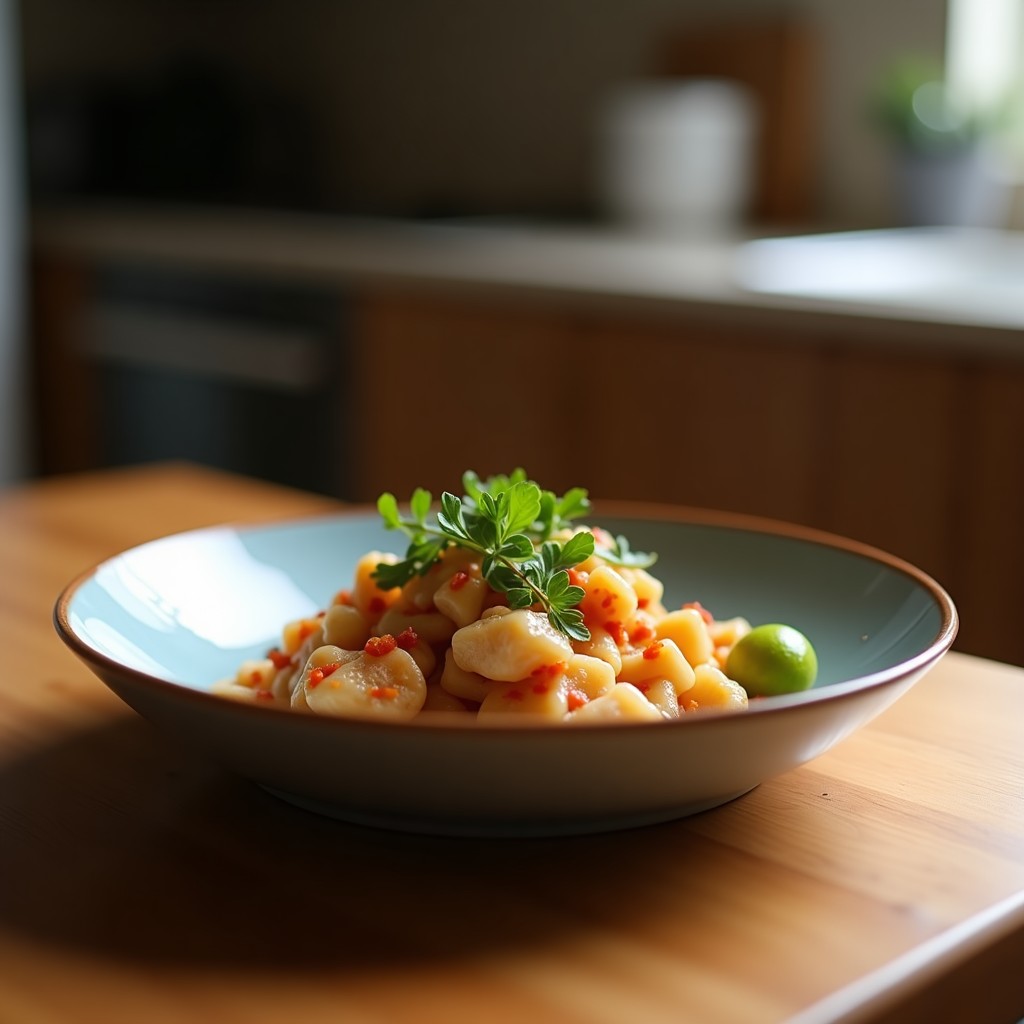 Bowl energetico vegano con base cremosa de avena y chía, cubos de tofu ahumado dorado, rodajas de plátano y nueces, bañado con café fuerte. Receta sin azúcar y alta en proteína.