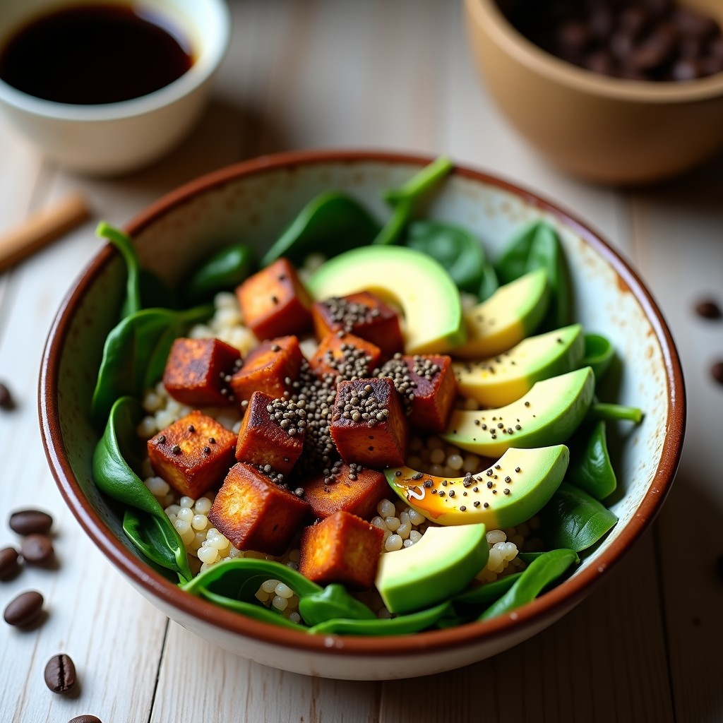 Bowl colorido con quinoa, espinacas frescas, tofu ahumado desmenuzado, aguacate en cubos y semillas de chía, aliñado con café y especias, receta umami y energética.