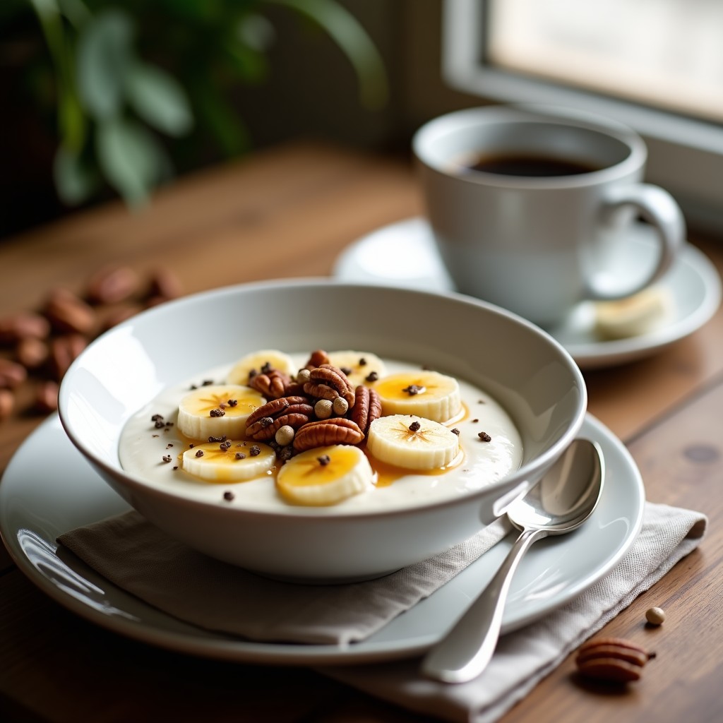 Bowl de desayuno con yogur griego cremoso mezclado con café frío, cubierto con rodajas de plátano, nueces pecanas tostadas, semillas de chía y un hilo de miel, sobre una mesa de madera rústica.
