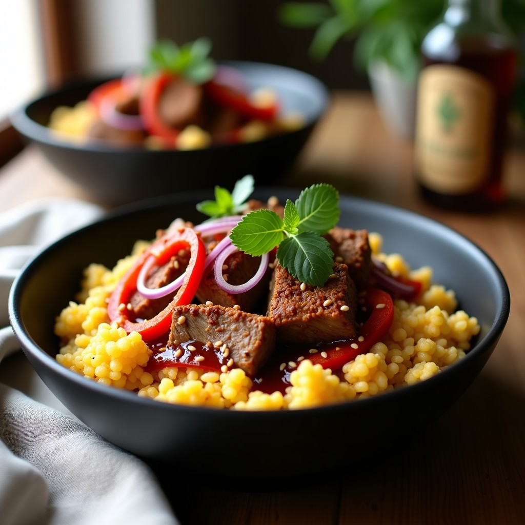 Bowl negro de cerámica con base de arroz de coliflor dorado, trozos de cordero especiado horneado, cebolla morada y pimiento rojo salteados, bañado en salsa de tamarindo brillante. Decorado con cilantro fresco, hojas de menta y semillas de sésamo tostadas. Receta india keto de bowl de cauliflower rice con cordero y tamarindo.
