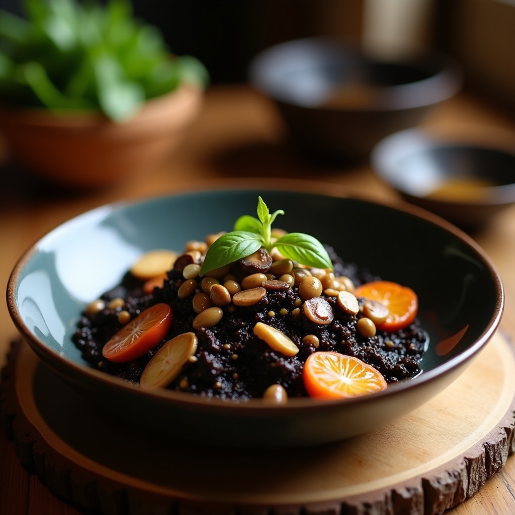 Bowl hondo de cerámica negra con cebada negra, hongos shiitake salteados, espinacas baby y huevo frito encima, espolvoreado con semillas de sésamo. Receta de bowl de cebada negra con hongos shiitake alta en umami.