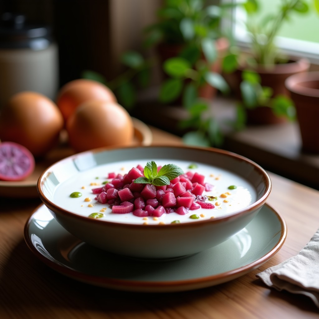Bowl vibrante de chía remojada en leche de coco, coronado con pulpa rosa de fruta del dragón, coco rallado y almendras fileteadas. Texturas cremosas y crujientes en un desayuno antioxidante listo en 5 minutos.