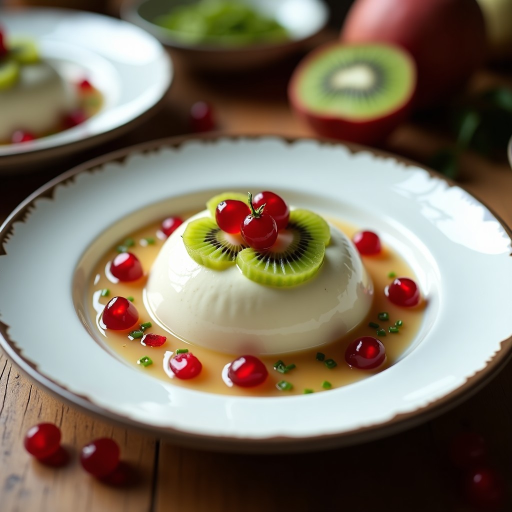Bowl de desayuno detox con base cremosa de chía y leche de coco, decorado con trozos de kiwi verde, semillas de granada rojas, coco rallado blanco y almendras fileteadas doradas. Plato colorido y fresco con texturas variadas.