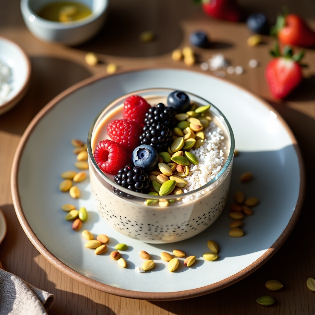 Bowl de Chía con Leche de Pistacho y Frutas del Bosque: Desayuno Vegano y Sin Gluten