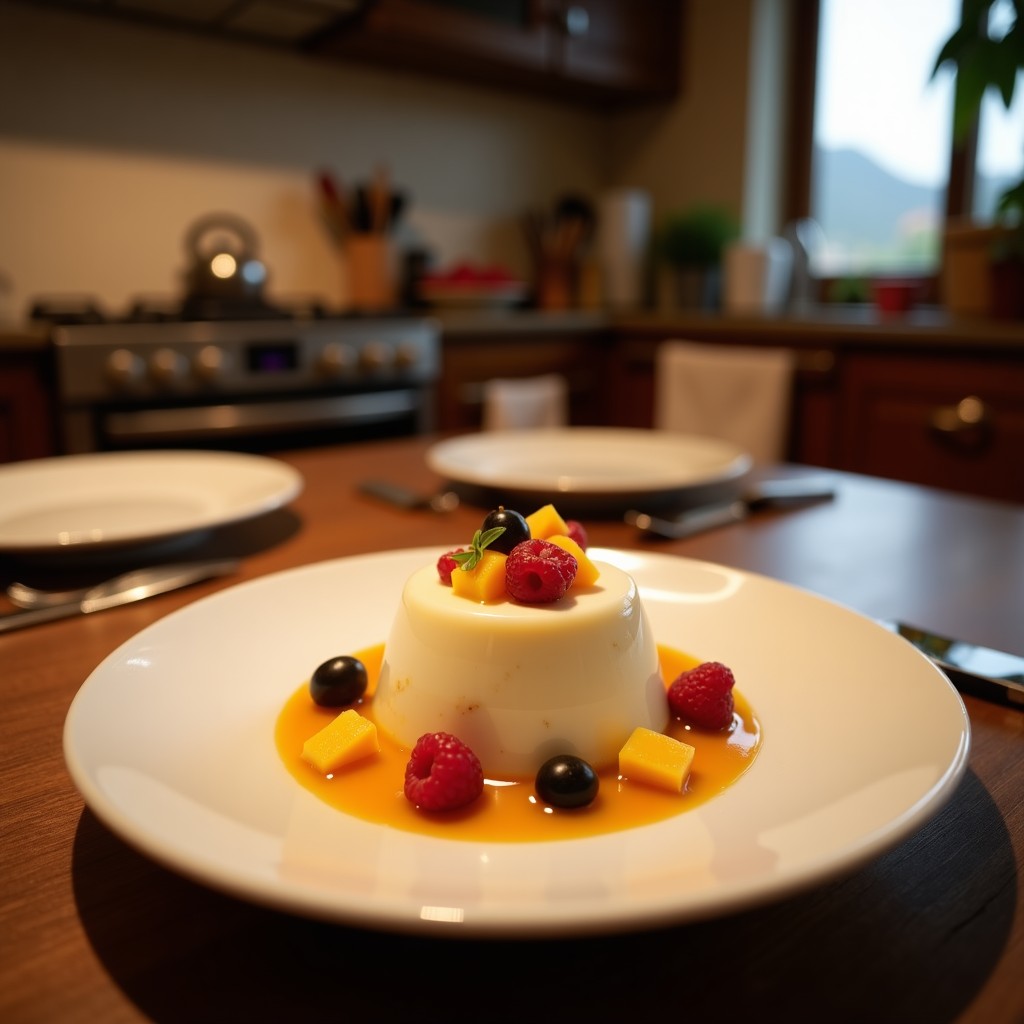 Bowl de chía con leche de tigre peruana en plato hondo de cerámica blanca, decorado con cubos de mango dorado, trozos de piña amarilla, semillas de granada rojas y algas nori oscuras. Semillas de sésamo tostado espolvoreadas y hojas de cilantro fresco. Fondo con texturas tropicales y luz natural.