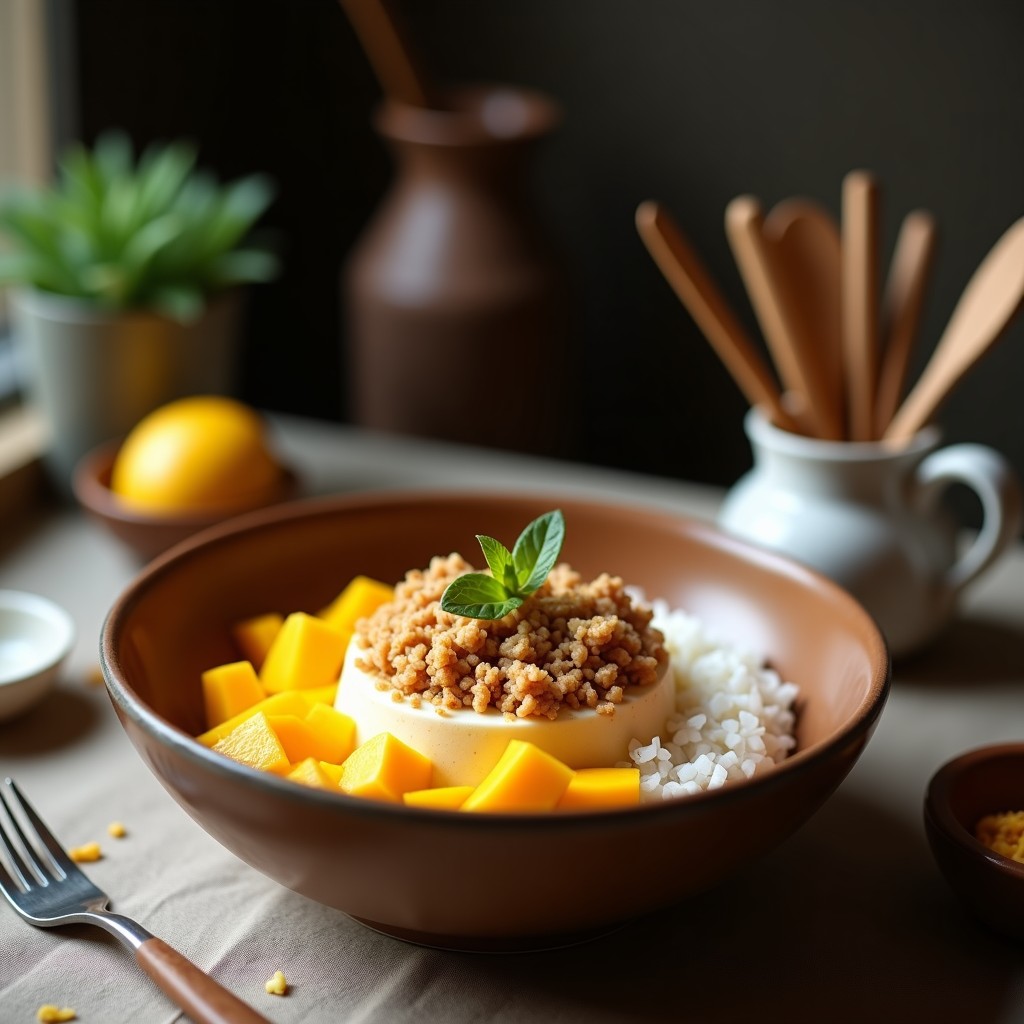 Bowl de chía en capas con pudín cremoso de color beige, trozos dorados de mango Ataulfo, coco rallado blanco, granola de quinoa crujiente y almendras tostadas. Decorado con hojas de menta y un toque de canela, servido en un plato hondo de cerámica. Desayuno colombiano vegano con toppings crujientes.