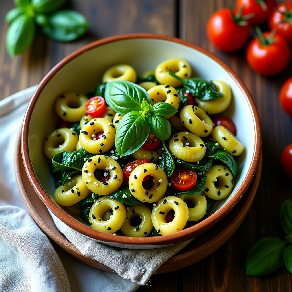 Bowl de color verde vibrante con conchiglie de garbanzo, pesto cremoso de espirulina y tomates secos, decorado con semillas de sésamo negro y espinacas frescas. Receta vegana alta en hierro en 20 minutos.