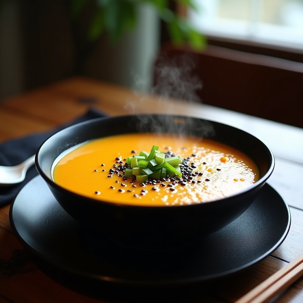 Bowl hondo de cerámica blanca con congee cremoso de calabaza y jengibre, decorado con semillas de calabaza tostadas, cebollino fresco y un hilo de aceite de sésamo. Plato reconfortante y sin lácteos, típico del desayuno chino.