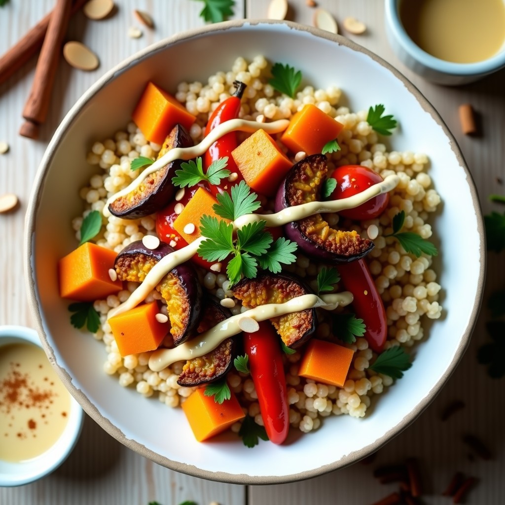 Bowl colorido con couscous de trigo integral como base, verduras asadas (calabaza, berenjena, pimiento y zanahoria) dispuestas en círculo, almendras tostadas, pasas de higo y cilantro fresco. Aderezo cremoso de tahini regado por encima, con un fondo rústico de madera y luz natural.
