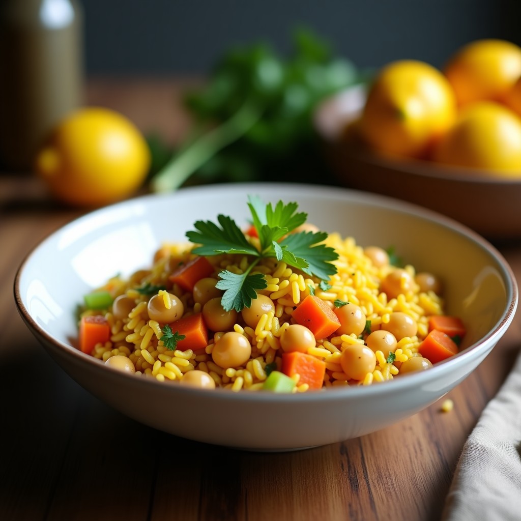 Bowl colorido con arroz basmati amarillo dorado por la cúrcuma, garbanzos enteros, zanahoria y apio en cubos, decorado con cilantro fresco, semillas de sésamo y bañado en aderezo cremoso de limón confitado. Plato indio antiinflamatorio servido en un bol de cerámica blanca sobre fondo rústico.