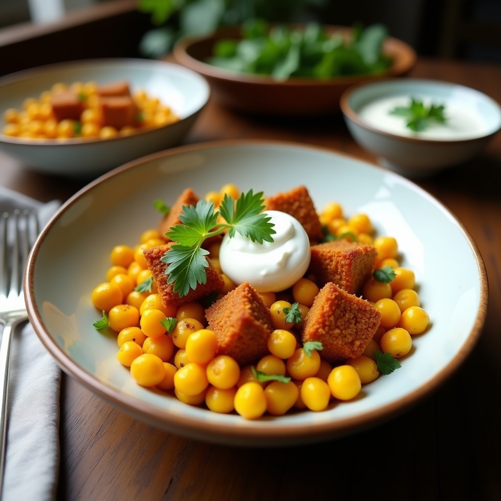 Bowl colorido con base de espinacas frescas y zanahoria rallada, garbanzos dorados y crujientes espolvoreados con cúrcuma, yogur de coco cremoso, pipas de calabaza y semillas de girasol. Plato antiinflamatorio y vegano listo para servir.
