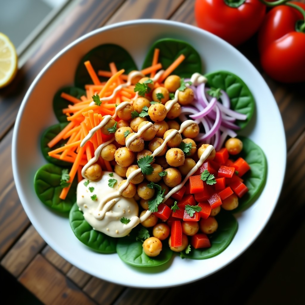 Bowl colorido con base de espinacas frescas, garbanzos tostados dorados con especias de cúrcuma, zanahoria rallada, pimiento rojo y cebolla morada. Aderezo cremoso de tahini vertido por encima, decorado con semillas de sésamo y cilantro fresco. Plato antiinflamatorio y vegano servido en un bol de cerámica blanca.