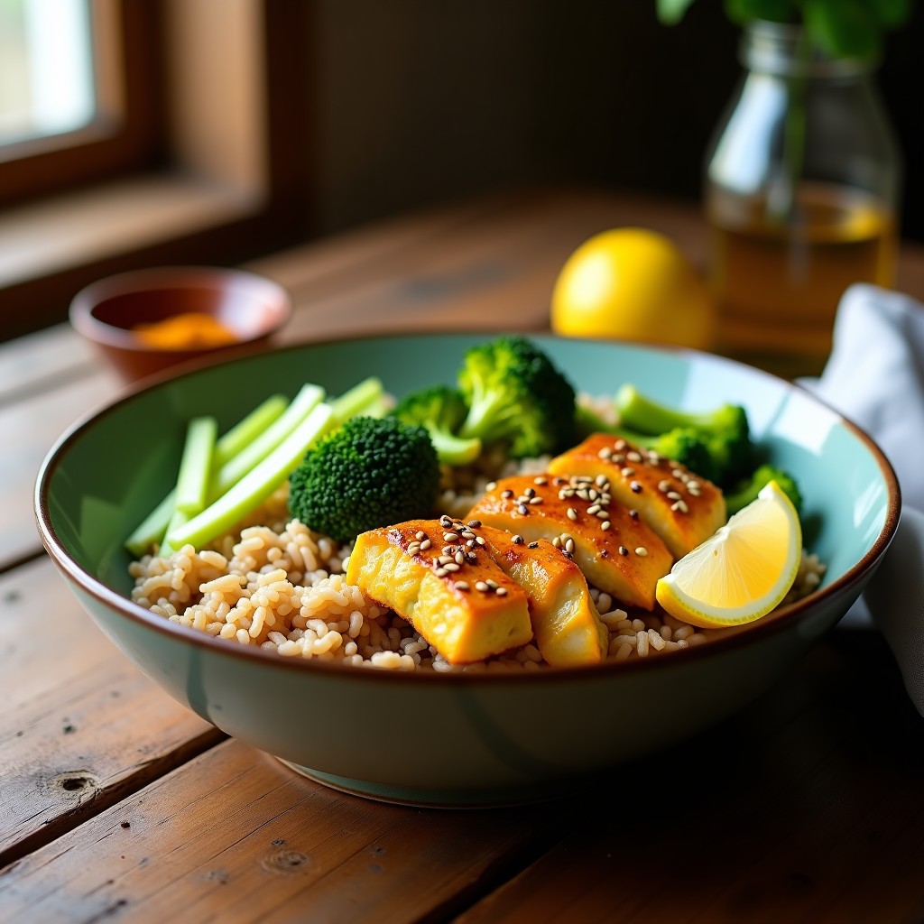Bowl colorido con base de arroz basmati integral, tiras de pollo dorado marinado con cúrcuma, brócoli al vapor de color verde intenso y semillas de sésamo espolvoreadas. Receta antiinflamatoria en Thermomix.