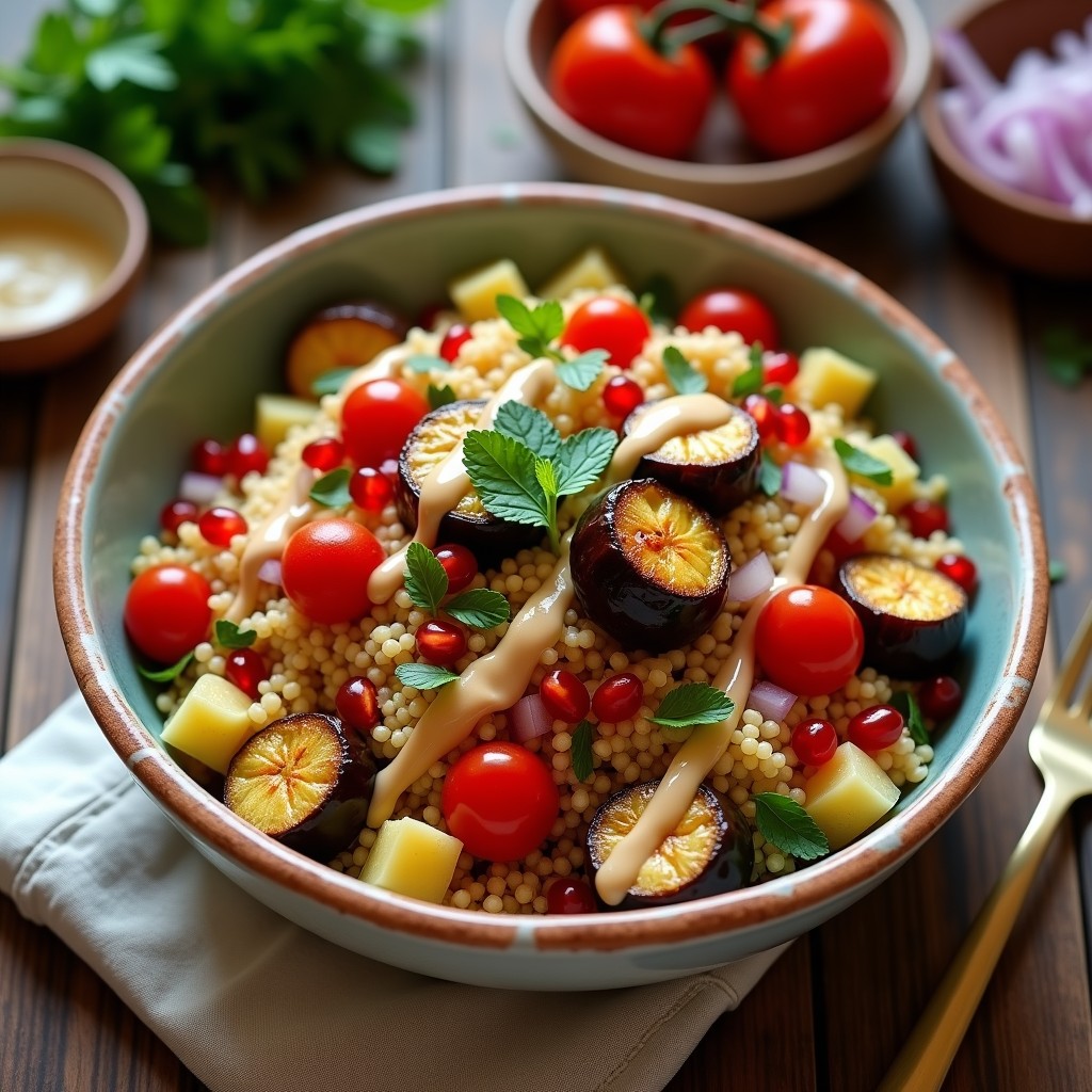 Bowl de Cuscús con Berenjena Asada y Tahini: Receta Libanesa Vegana y Sin Gluten