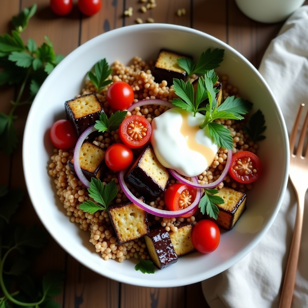 Bowl de Cuscús Integral con Berenjena Asada y Yogur de Soja: Receta Vegana en 15 Minutos