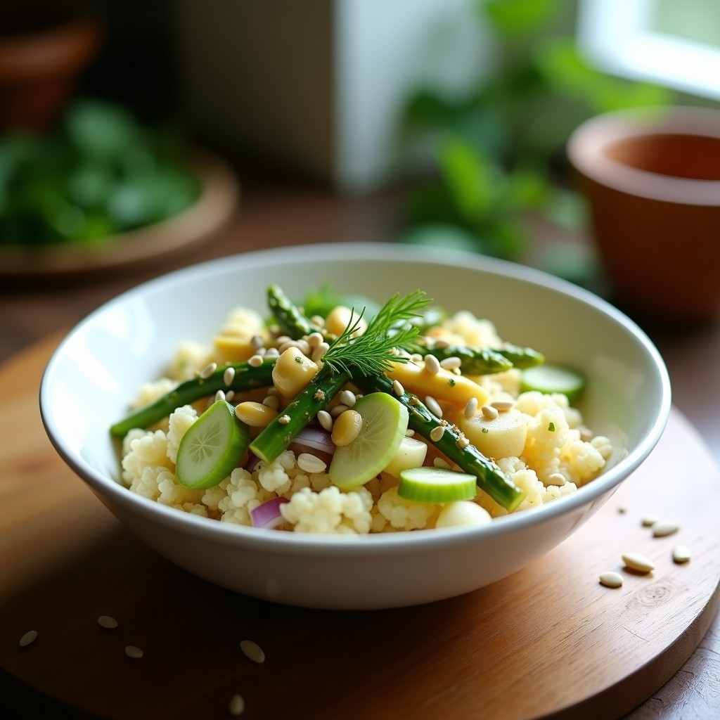 Bowl colorido y fresco con cuscús de coliflor rallada, espárragos verdes en rodajas, aguacate en cubos, pepino persa y espinacas baby, coronado con semillas de sésamo y almendras fileteadas. El aderezo cremoso de mostaza y dill brilla ligeramente sobre los ingredientes, servido en un plato blanco rústico sobre una mesa de madera.