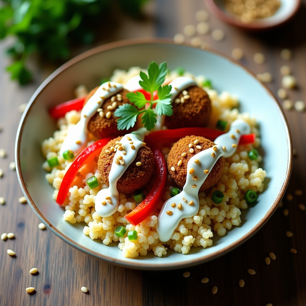 Bowl colorido con cuscús de coliflor blanco, falafel dorado horneado, tiras de pimiento rojo asado y semillas de sésamo, bañado con vinagreta de yogur y decorado con perejil fresco. Receta sin gluten y alta en proteína.