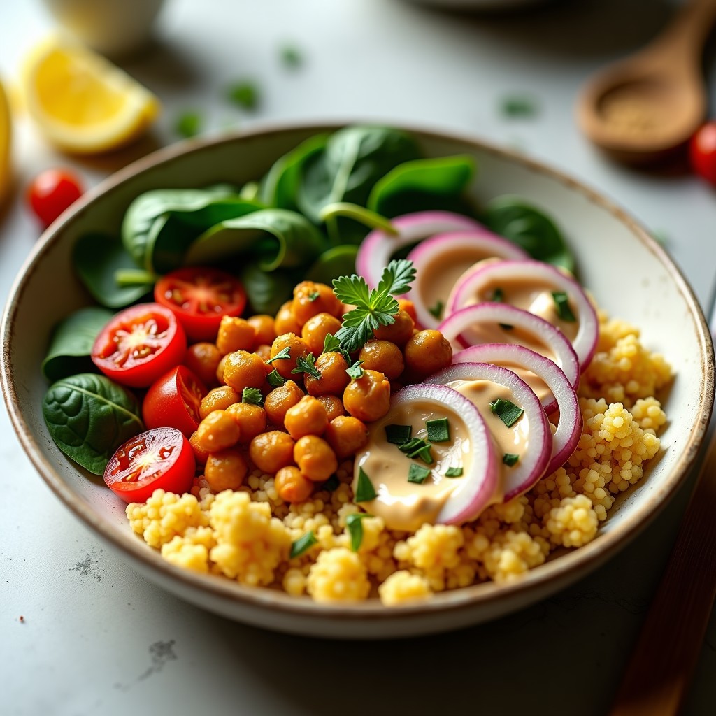 Bowl colorido con cuscús de coliflor dorado, garbanzos crujientes, cebolla morada, tomates cherry, espinacas baby y salsa de tahini cremosa. Decorado con perejil y semillas de sésamo, receta vegana keto en 20 minutos.