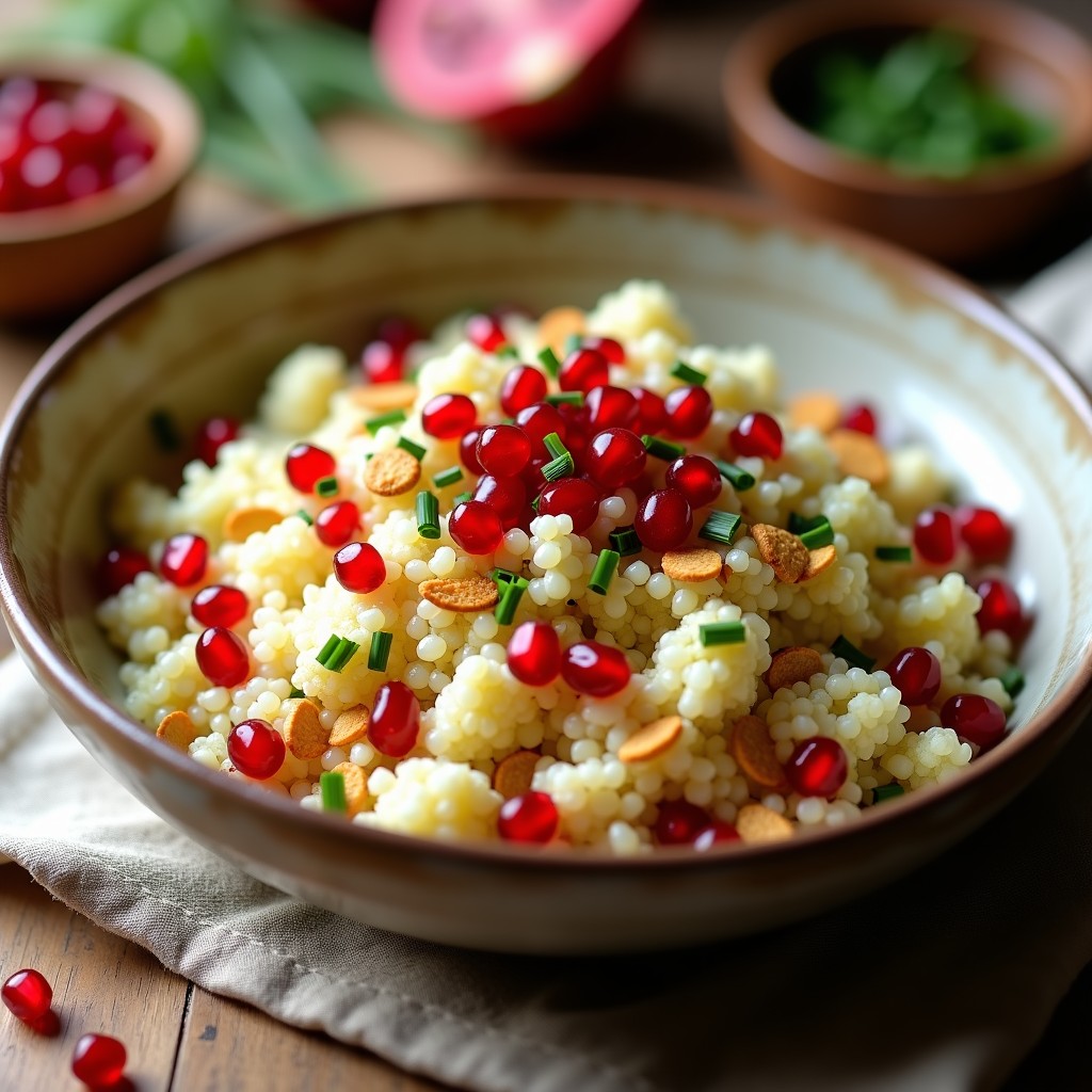 Bowl colorido con cuscús de coliflor blanco, granos de granada rojos brillantes, almendras doradas y cebollino verde, bañado en vinagreta amarilla de narjus. Plato árabe baja en calorías con texturas crujientes y frescas.