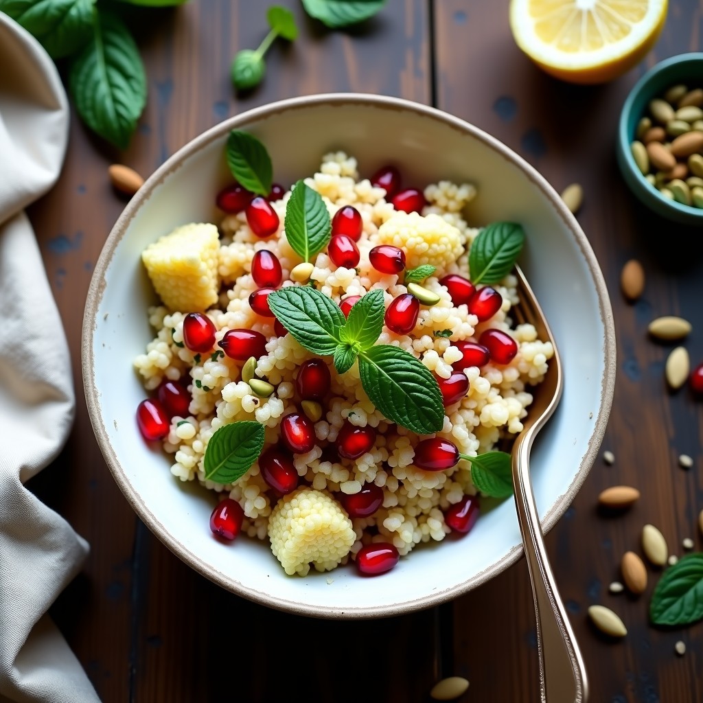 Bowl de Cuscús de Coliflor con Granos de Granada y Menta: Ensalada Keto y Crunchy