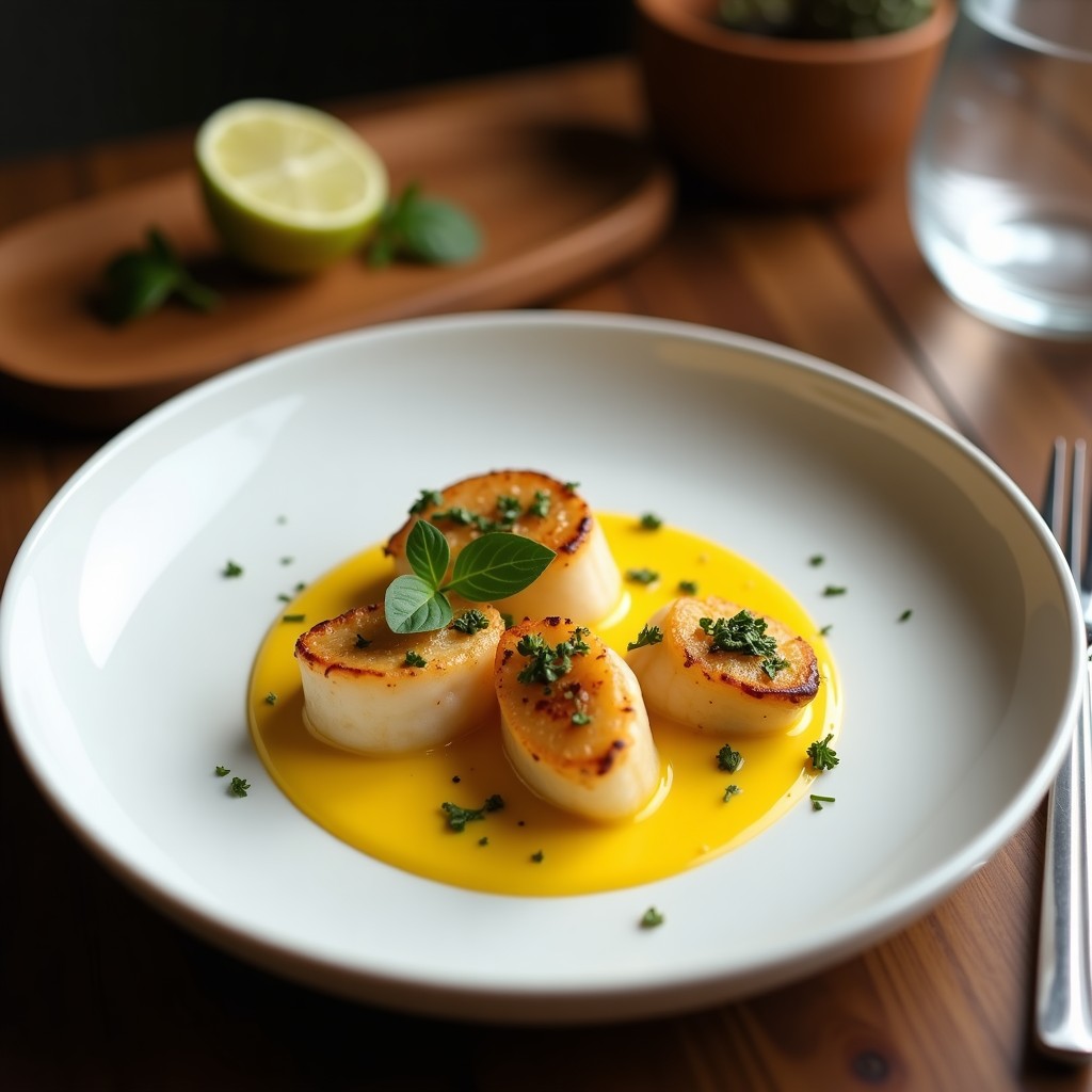 Bowl de cuscús de coliflor dorado con filete de merluza al vapor, almendras tostadas, limón confitado en cubos y hierbas frescas, servido en plato blanco rústico.