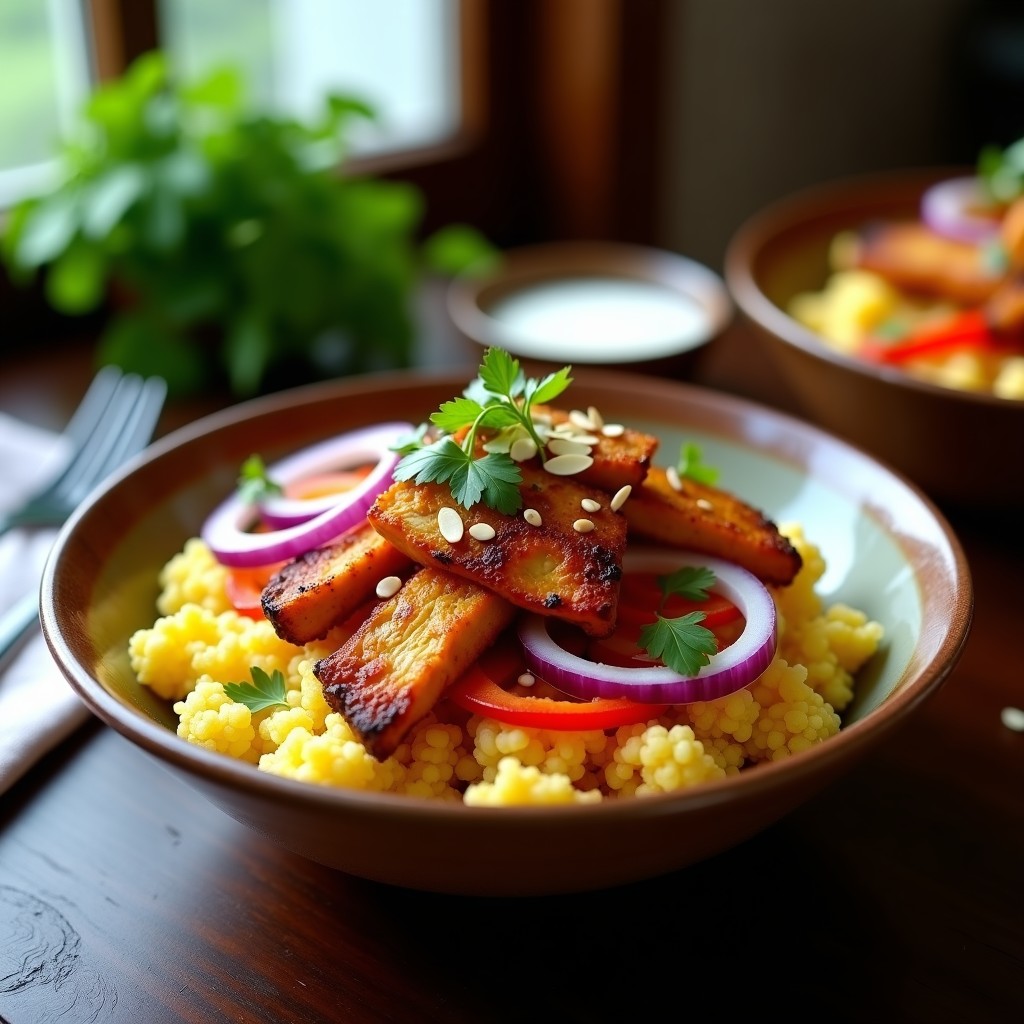 Bowl de cuscús de coliflor dorado y crujiente con tiras de pollo tandoori especiado, decorado con almendras fileteadas, semillas de sésamo y cilantro fresco. Plato colorido y vibrante con toques de cebolla morada y pimiento rojo. Receta india keto en airfryer.