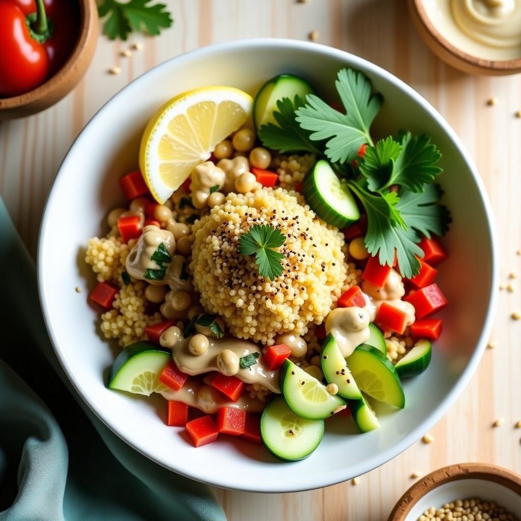 Bowl vibrante de cuscús de coliflor crudo con discs dorados de proteína de guisante, pimiento rojo, pepino y cebolla morada, coronado con salsa tahini cremosa y semillas de sésamo negro. Receta keto y crudivegana alta en proteína.