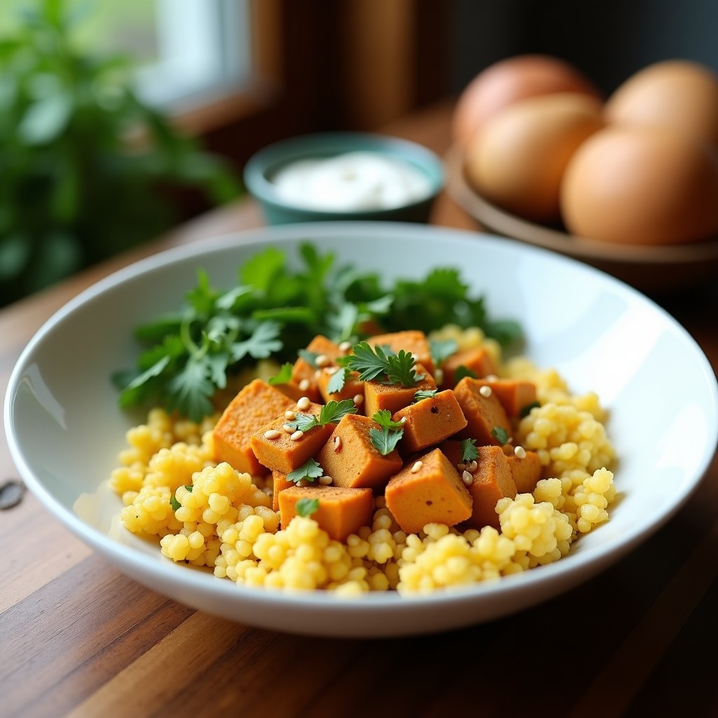 Bowl colorido con base de cuscús de coliflor blanco, revuelto de tofu dorado especiado, decorado con perejil fresco, cilantro y semillas de sésamo, acompañado de un aliño amarillo de mostaza y limón. Plato keto y vegano ideal para desayunar.
