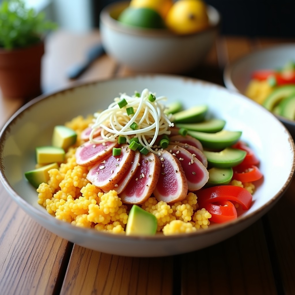 Bowl hondo negro con base de cuscús de coliflor dorado, láminas de tataki de atún rosado y cremoso alioli de limón. Decorado con sésamo tostado, cebollino y ralladura de limón. Receta keto alta en proteínas.