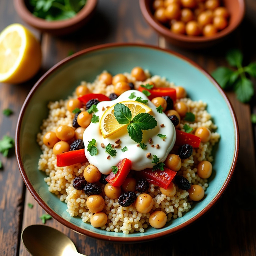 Bowl de cuscús integral con garbanzos asados dorados, cebolla morada y pimiento rojo salteados, pasas, almendras tostadas y aderezo de yogur con hierbas. Decorado con rodajas de limón conservado y menta fresca, sobre fondo rústico de madera.