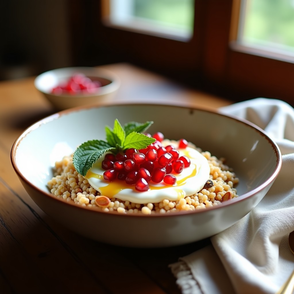 Bowl de cuscús integral esponjoso coronado con semillas rojas de granada, yogur de soja cremoso, miel de arce dorada, almendras fileteadas, pistachos y hojas de menta fresca. Desayuno marroquí saludable y colorido.