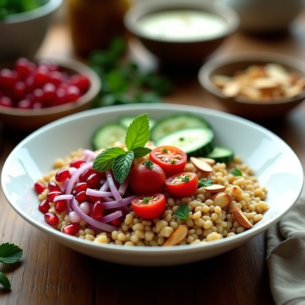 Bowl colorido de cuscús de lentejas con semillas de granada rojas brillantes, cebolla morada, pepino persa y hierbas frescas como menta y cilantro. Plato vegano y sin gluten con toques persas, servido en un bol blanco sobre fondo rústico.