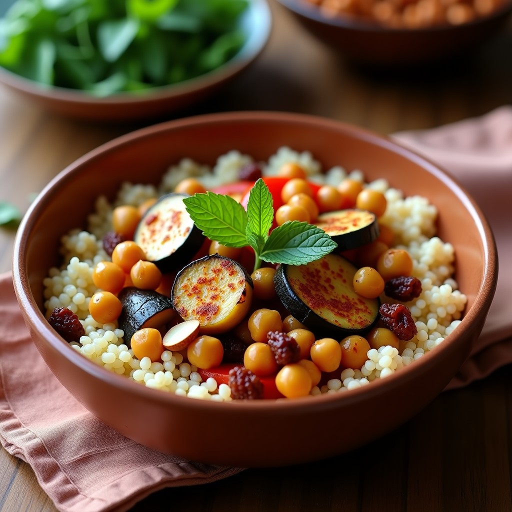 Bowl de cuscús integral vegano con verduras asadas, garbanzos crujientes especiados con ras el hanout, pasas, almendras y menta fresca, servido en un plato hondo de barro.