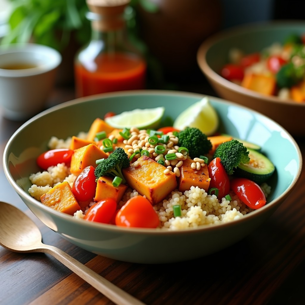 Bowl tailandés de quinoa y curry rojo en airfryer con tofu dorado, calabacín, pimiento y brócoli asados, decorado con cacahuetes y cebollino fresco.