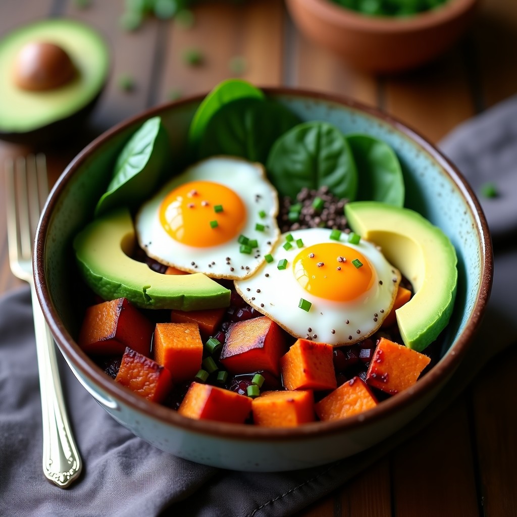 Bowl de Desayuno con Batata Asada, Huevos Poché y Aguacate: Receta Alta en Proteína y Keto