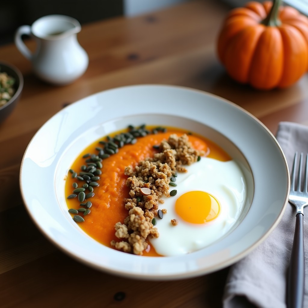 Bowl de desayuno vegano con yogur de coco cremoso, granola dorada de semillas de calabaza y avena, cubos de manzana verde, arándanos frescos y coco rallado, servido en un cuenco de barro sobre fondo claro.